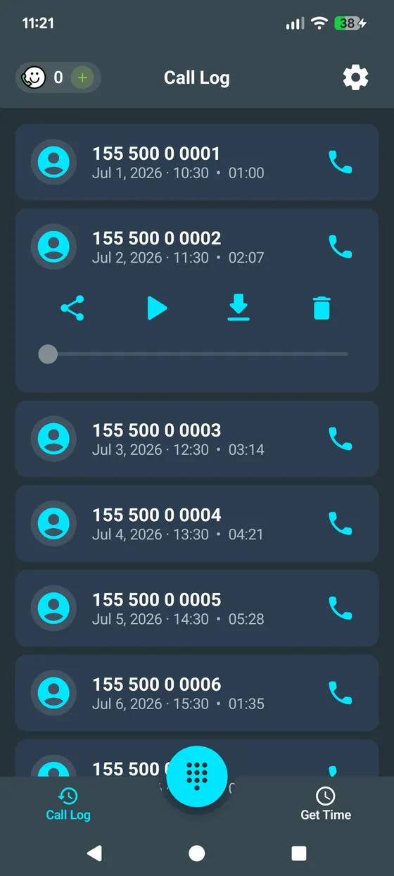 Funcalls call log with saved call recordings